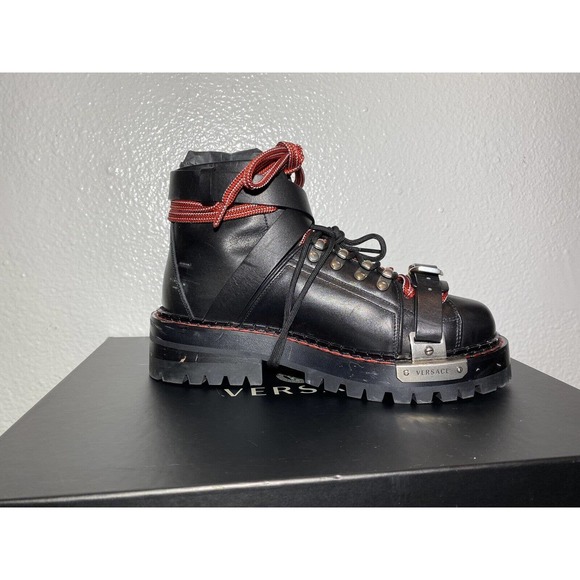 Versace Combat Ankle Boot 37.5 Black sz 7 Anfibio T.25 Vitello Nero Palladio - Picture 8 of 15